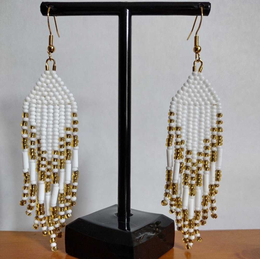 Trendy 3.5" Beaded White & Gold Fringe Dangle S925 Earrings